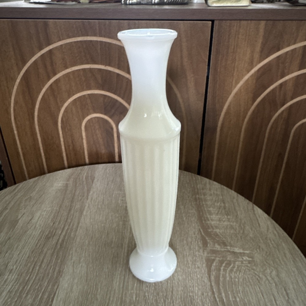 Vintage White Milk Glass Vase, 10 1/8 tall x 2 1/4 wide